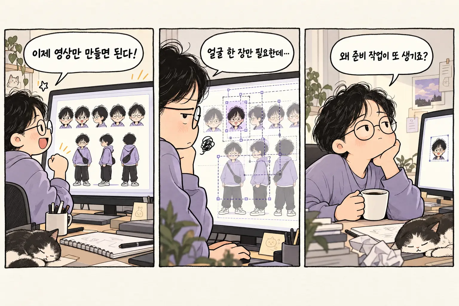시트 완성 후 얼굴 한 컷을 준비하며 다시 고민하는 제작자의 3컷 만화